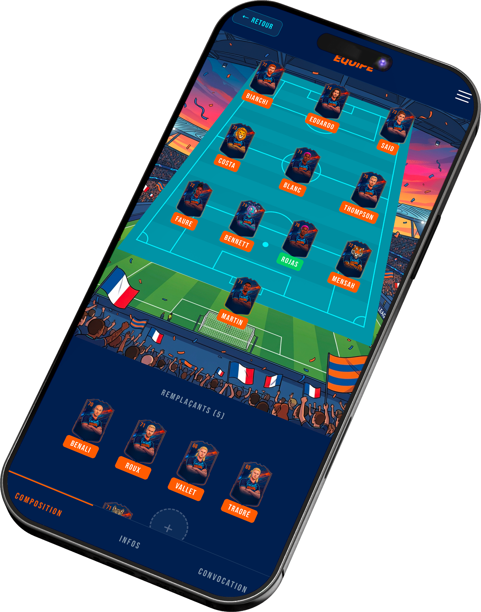 Écran de composition d'équipe dans l'application Ma Belle Équipe, affiché sur un smartphone